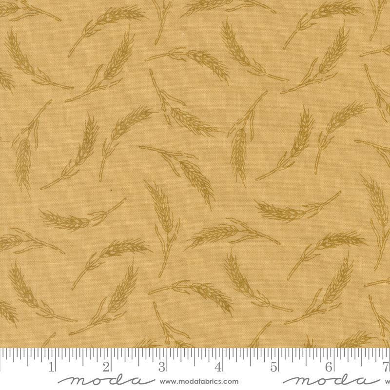 Image of the Farmstead Wheat Honey Bunny quilting cotton fabric by Stacy Iest Hsu for Moda Fabrics. Features small pieces of wheat on a gold yellow background. 
Cute Little Fabric Shop