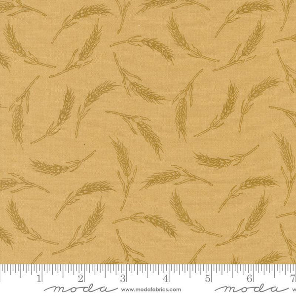 Image of the Farmstead Wheat Honey Bunny quilting cotton fabric by Stacy Iest Hsu for Moda Fabrics. Features small pieces of wheat on a gold yellow background. 
Cute Little Fabric Shop