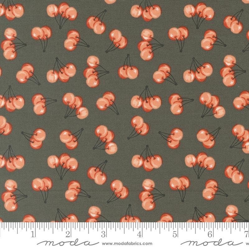 Image of the Farmstead Cherries Charcoal quilting cotton fabric by Stacy Iest Hsu for Moda Fabrics. Features small cherries on a grey brown background. 
Cute Little Fabric Shop