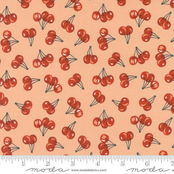Image of the Farmstead Cherries Light Coral quilting cotton fabric by Stacy Iest Hsu for Moda Fabrics. Features small cherries on a light orange background. 
Cute Little Fabric Shop