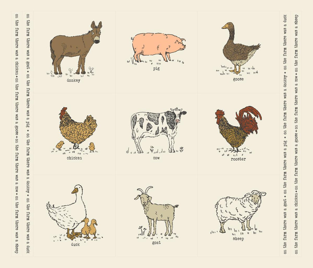 Image of the Farmstead Panel Porcelain quilting cotton fabric by Gingiber for Moda Fabrics. Features farm animals on a cream background. 
Cute Little Fabric Shop