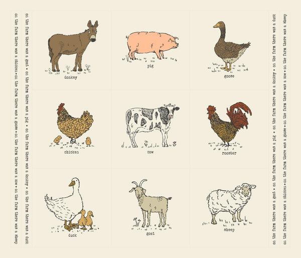 Image of the Farmstead Panel Porcelain quilting cotton fabric by Gingiber for Moda Fabrics. Features farm animals on a cream background. 
Cute Little Fabric Shop