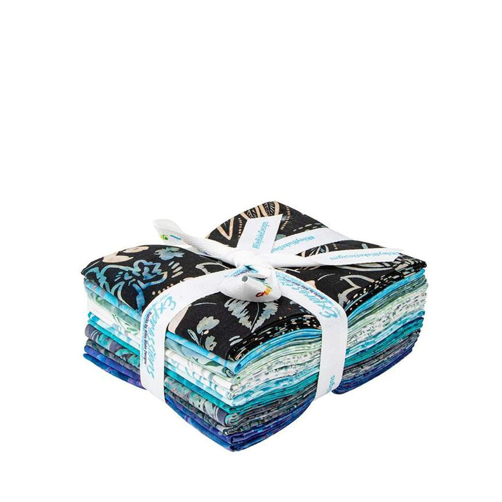Image of the Expressions Batiks Chalk and Charcoal Fat Quarter Bundle A. Features floral batik flowers with blue, teal, and green colors. 
Cute Little Fabric Shop
