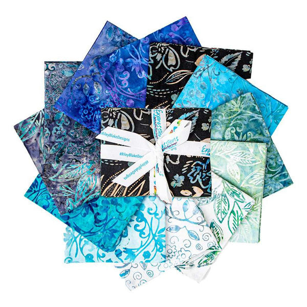 Image of the Expressions Batiks Chalk and Charcoal Fat Quarter Bundle A. Features floral batik flowers with blue, teal, and green colors. 
Cute Little Fabric Shop