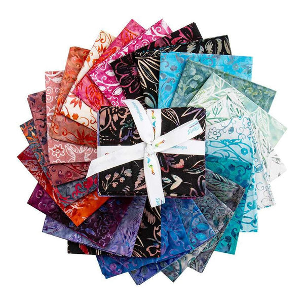 Image of the Expressions Batiks Chalk and Charcoal 10 inch Stacker C. Features floral batik flowers with red, orange, blue, purple, purple, and pink colors. 
Cute Little Fabric Shop