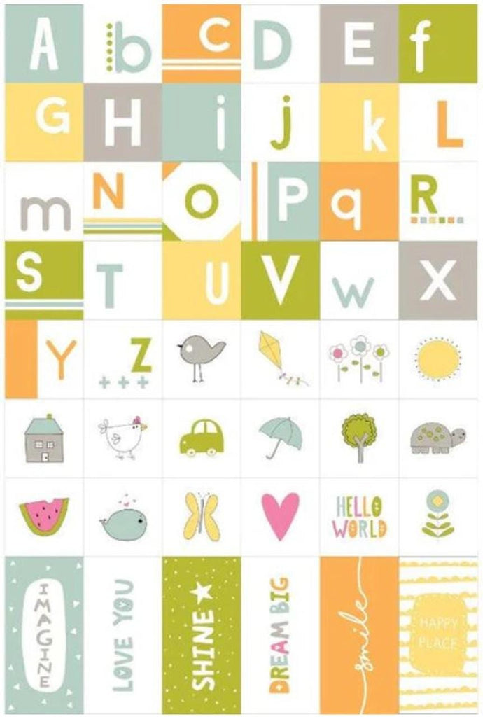 Image of the Shine Printworks Prepackaged Panel quilting cotton fabric by Sweetwater for Moda Fabrics. Features baby letters and symbols.
Cute Little Fabric Shop