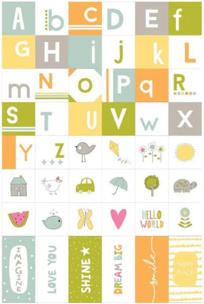Image of the Shine Printworks Prepackaged Panel quilting cotton fabric by Sweetwater for Moda Fabrics. Features baby letters and symbols.
Cute Little Fabric Shop