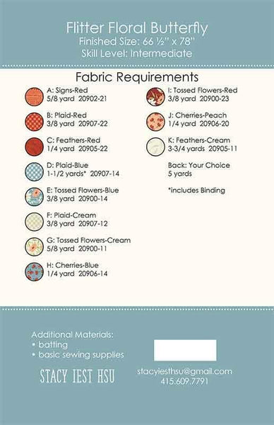 Image of the Flitter Floral Butterfly quilt pattern by Stay Iest Hsu for Moda Fabrics. Features the fabric requirements for the pattern.
Cute Little Fabric Shop