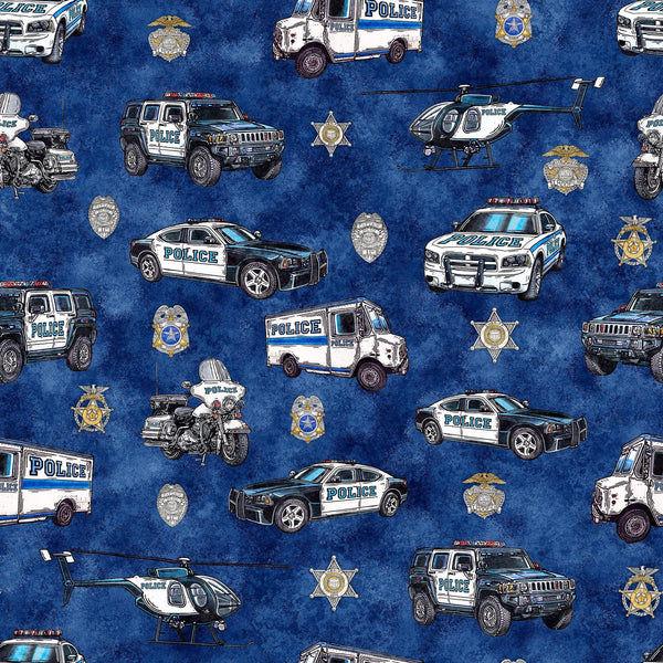 Image of the American Heroes Police Police Cars Navy quilting cotton fabric by QT Fabrics. Features police cars on a navy background.
Cute Little Fabric Shop
