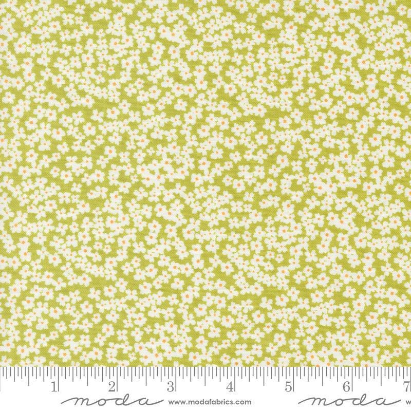 Image of the Shine Bloom Grass quilting cotton fabric by Sweetwater for Moda Fabrics. Features small flowers on a lime green background. 
Cute Little Fabric Shop