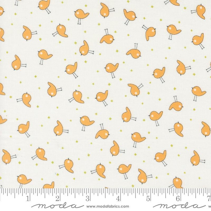 Image of the Shine Plus Cloud Creamsicle quilting cotton fabric by Sweetwater for Moda Fabrics. Features small birds on a cream white background. 
Cute Little Fabric Shop