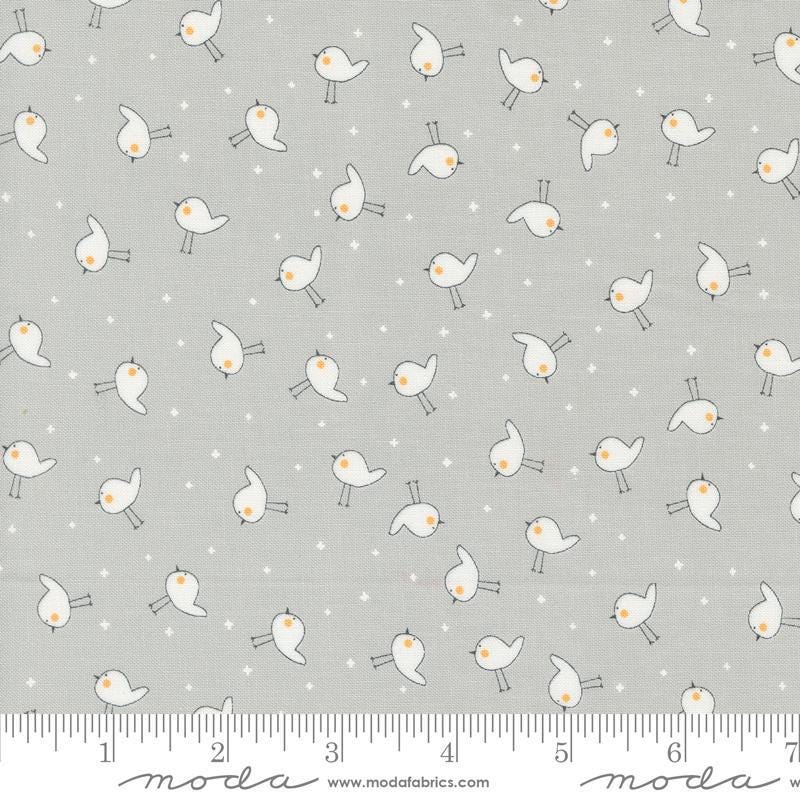 Image of the Shine Birdie Stormy quilting cotton fabric by Sweetwater for Moda Fabrics. Features small birds on a gray background. 
Cute Little Fabric Shop