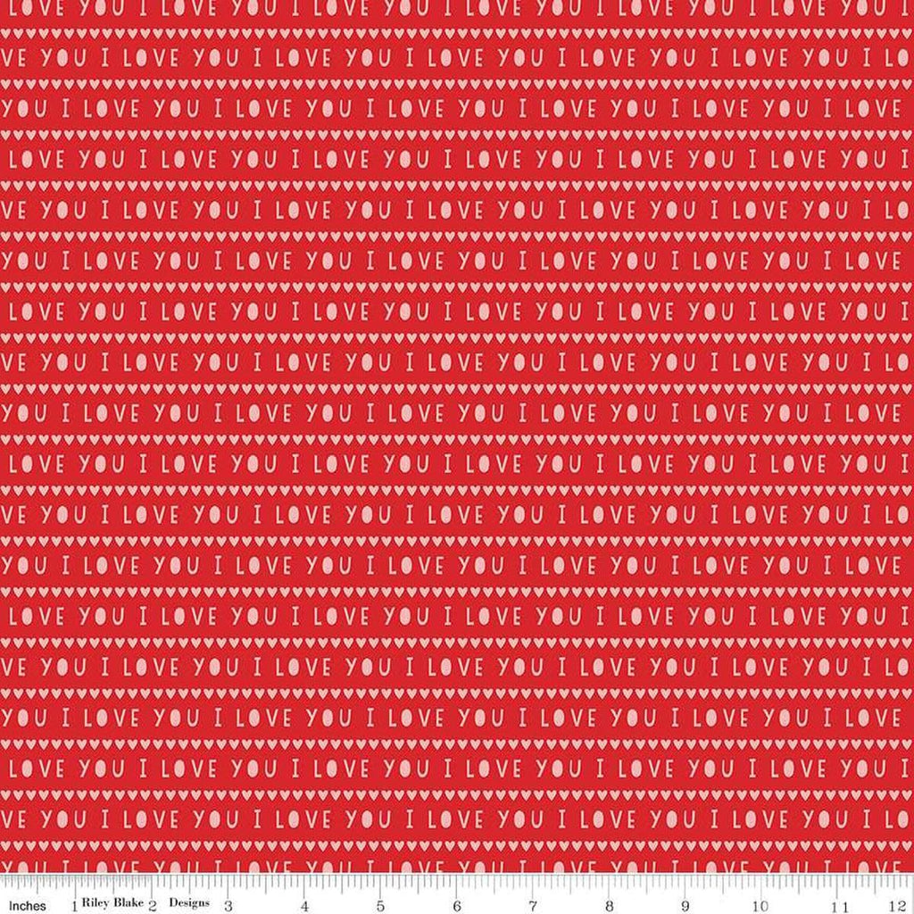 Image of the Sweetheart I Love You Red quilting cotton fabric by My Minds Eye for Riley Blake Designs. Features striped I Love You words on a red background.
Cute Little Fabric Shop