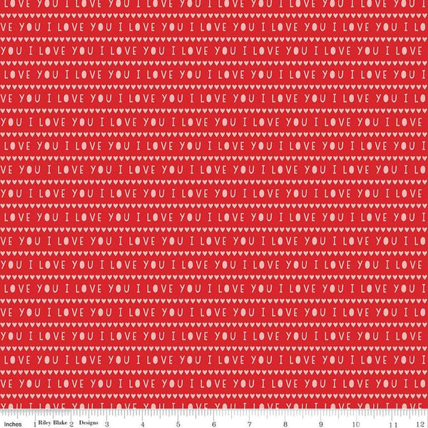 Image of the Sweetheart I Love You Red quilting cotton fabric by My Minds Eye for Riley Blake Designs. Features striped I Love You words on a red background.
Cute Little Fabric Shop
