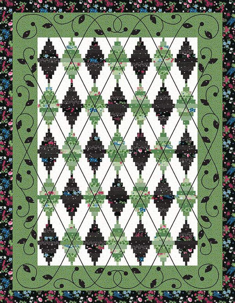 Image of the Argyle Avenue Quilt Pattern by Jillily Studio for Riley Blake Designs. Features an argyle leaf pattern on a white background with a black and green border. 
Cute Little Fabric Shop