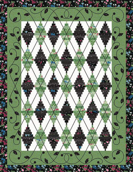 Image of the Argyle Avenue Quilt Pattern by Jillily Studio for Riley Blake Designs. Features an argyle leaf pattern on a white background with a black and green border. 
Cute Little Fabric Shop