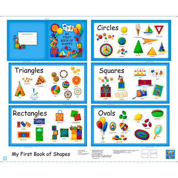 Image of the Fabric Book Book of Shapes Book Panel by QT Fabrics. Features examples of shapes on a panel to make a fabric book. 
Cute Little Fabric Shop