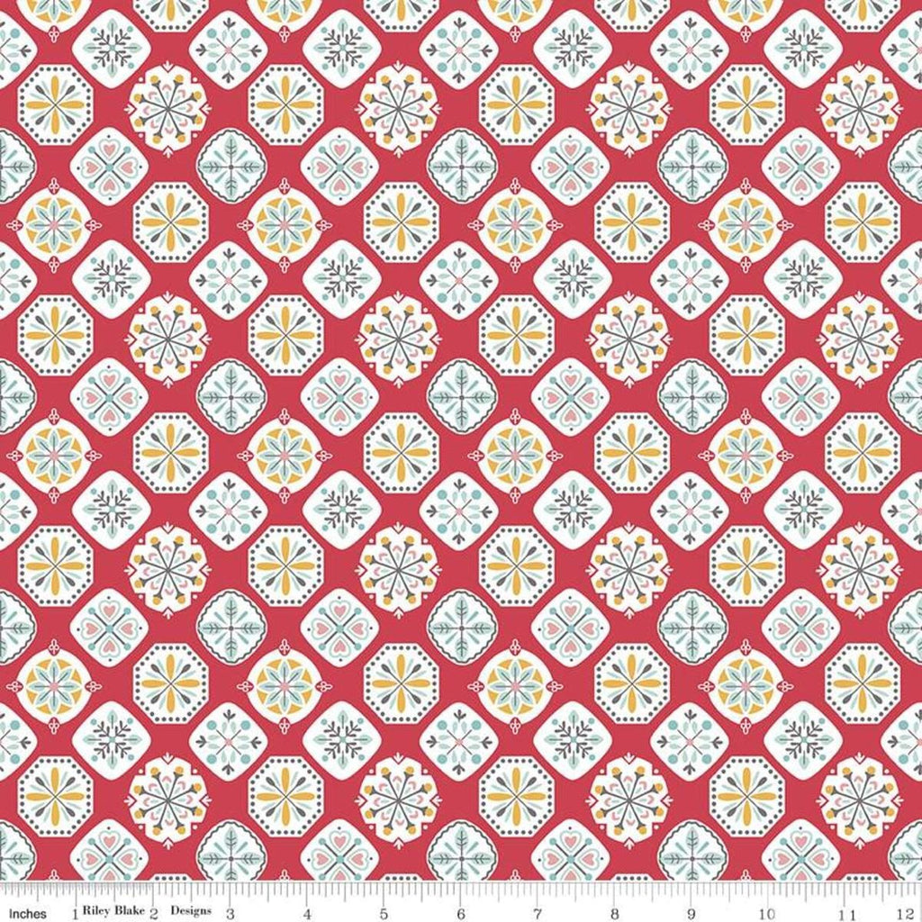 Image of the My Happy Place Home Décor Applique Cayenne quilting canvas cotton by Lori Holt for Riley Blake Designs. Features quilt block patterns on a red background. 
Cute Little Fabric Shop