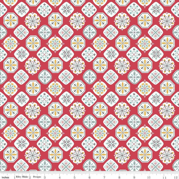 Image of the My Happy Place Home Décor Applique Cayenne quilting canvas cotton by Lori Holt for Riley Blake Designs. Features quilt block patterns on a red background. 
Cute Little Fabric Shop