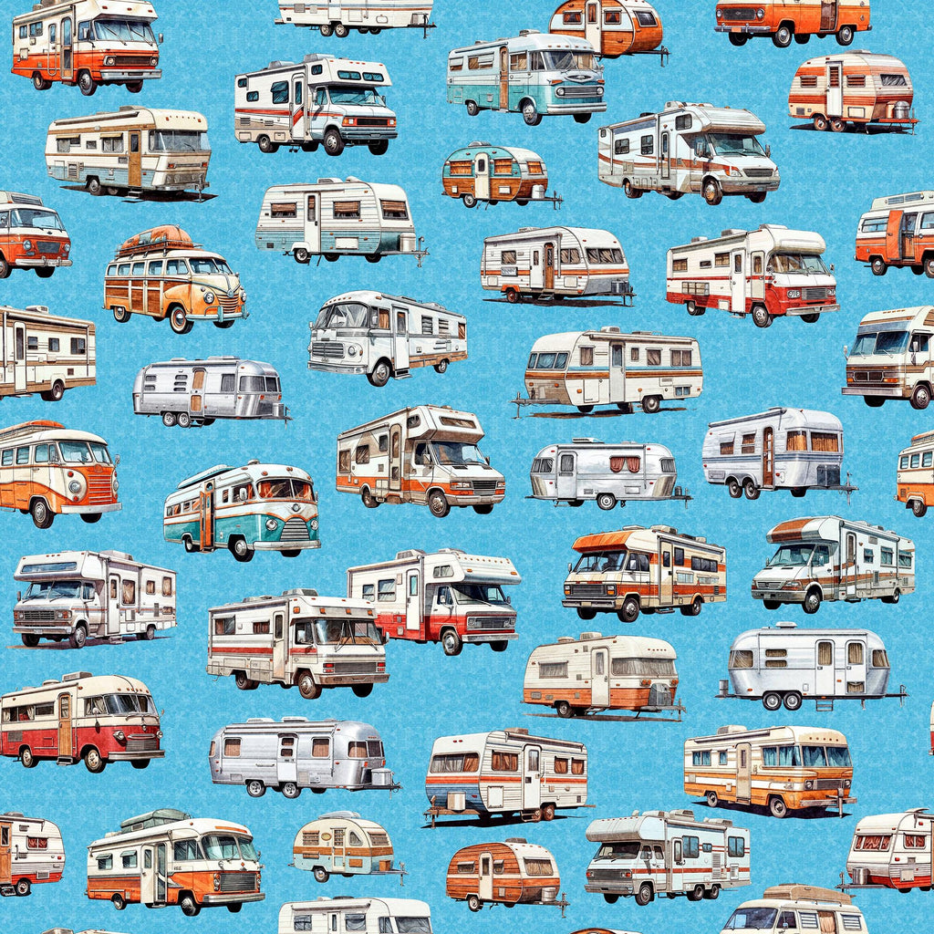 SALE On The Road Again RV's 30740 Blue B - by QT Fabrics - Campers Motorhomes Camping Travel - Quilting Cotton Fabric