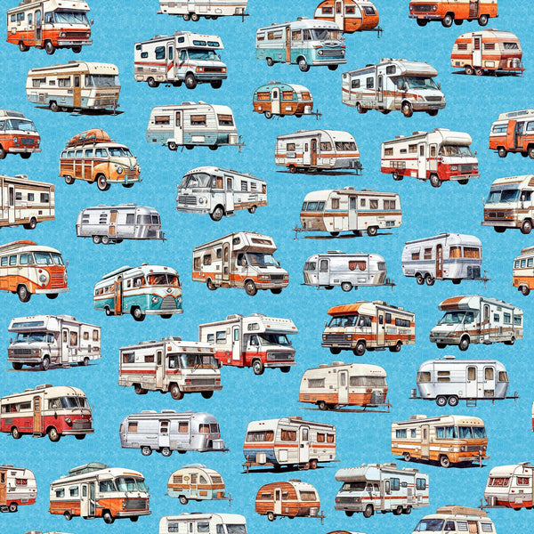 SALE On The Road Again RV's 30740 Blue B - by QT Fabrics - Campers Motorhomes Camping Travel - Quilting Cotton Fabric