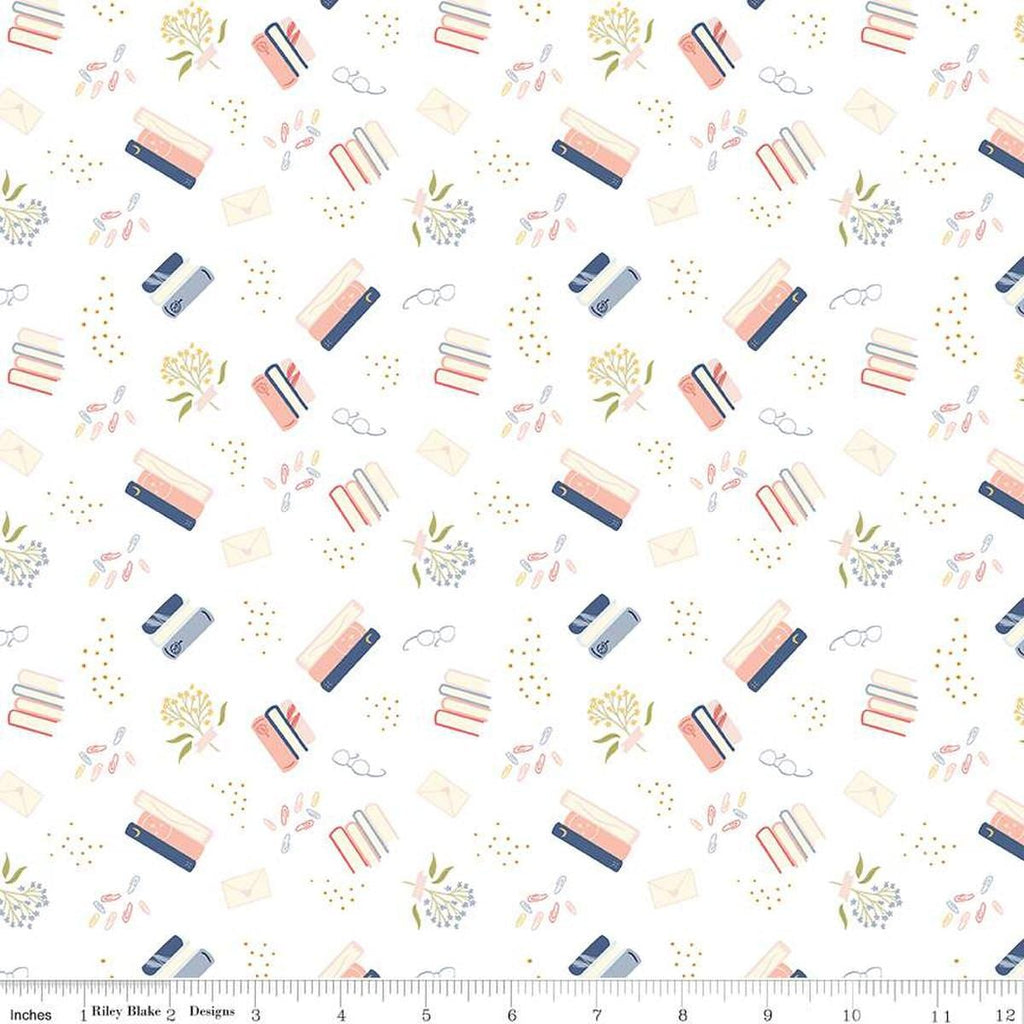 Image of the Between the Pages Bookish Life White
 quilting cotton fabric by Fran Gulick for Riley Blake Designs. Features tossed books, flowers, dots, paper clips, and glasses on a white background. 
Cute Little Fabric Shop