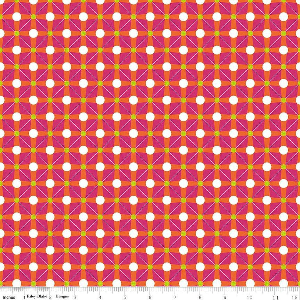 Image of the Celebrate Geo Orange quilting cotton fabric by Sue Daley for Riley Blake Designs. Features a geometric grid design with dots on a pink background
Cute Little Fabric Shop