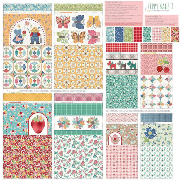 Image of the Home Decor Zippy Bags 3 Panel by Lori Holt for Riley Blake Designs. Features a lightweight canvas fabric with the pieces and instructions to make four large and four small project bags. 
Cute Little Fabric Shop