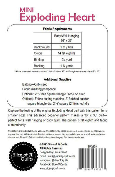 Image of the Mini Exploding Heart quilting cotton fabric by Slice of Pi Quilts for Riley Blake Designs. Features the fabric requirements for the pattern.
Cute Little Fabric Shop