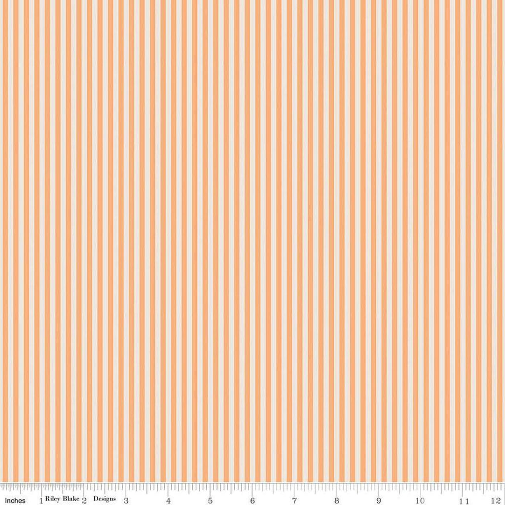 Image of the 1/8 Inch Stripe on Ivory Marmalade quilting cotton fabric by Riley Blake Designs. Features ivory and orange stripes. 
Cute Little Fabric Shop