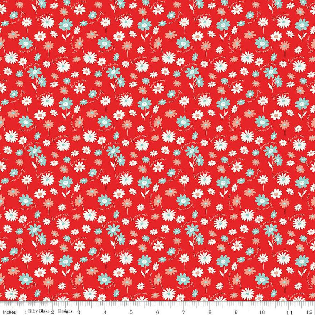 Image of the You & Me Loves Me Red quilting cotton fabric by Sandy Gervais for Riley Blake Designs. Features flowers and text on a red background.
Cute Little Fabric Shop