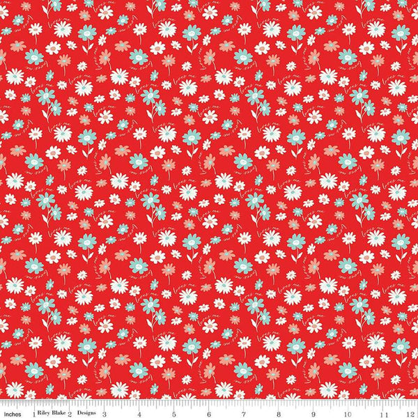 Image of the You & Me Loves Me Red quilting cotton fabric by Sandy Gervais for Riley Blake Designs. Features flowers and text on a red background.
Cute Little Fabric Shop