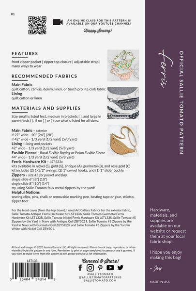 Image of the Ferris Bag Pattern by Sally Tomato for Riley Blake Designs. Features the fabric requirements for the fanny pack in three sizes.
Cute Little Fabric Shop