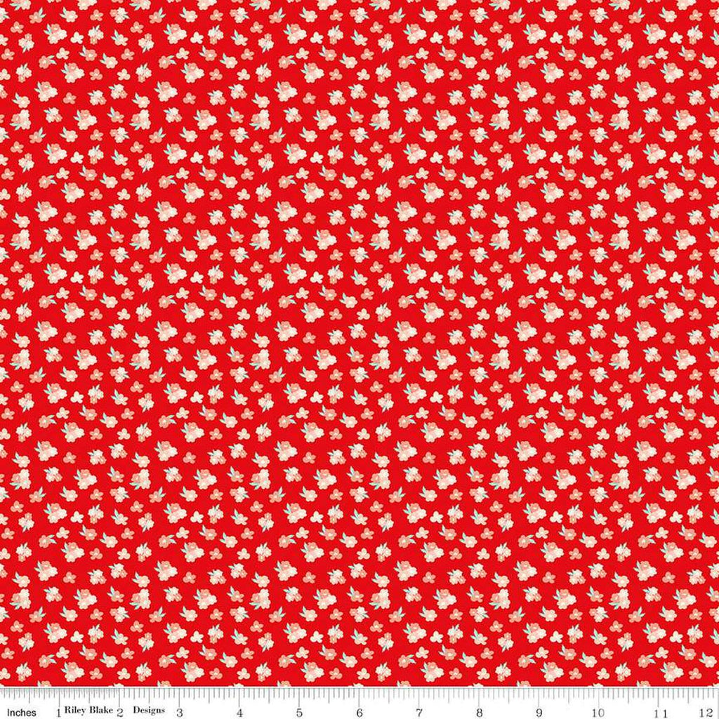 Image of the You & Me Tossed Floral Red quilting cotton fabric by Sandy Gervais for Riley Blake Designs. Features small blossoms on a red background.
Cute Little Fabric Shop