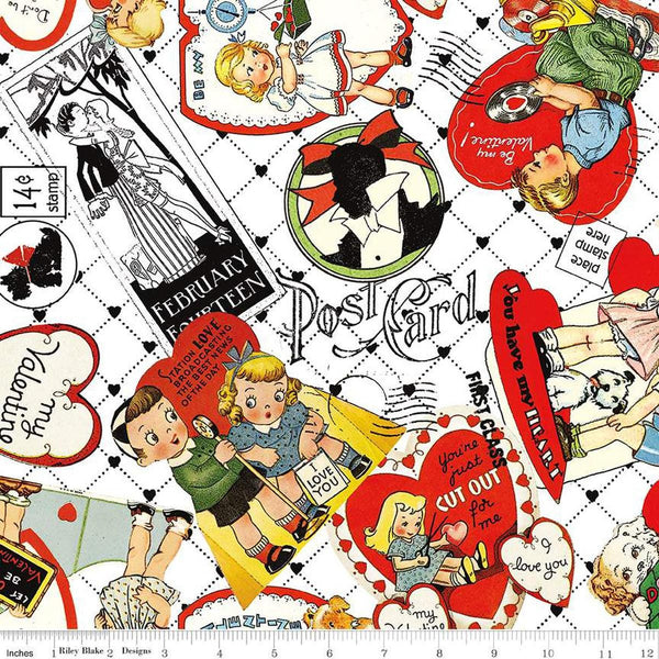 Image of the Take Heart Valentine Card Toss White
 quilting cotton fabric by J. Wecker Frisch for Riley Blake Designs. Features vintage valentine images on a white background.
Cute Little Fabric Shop