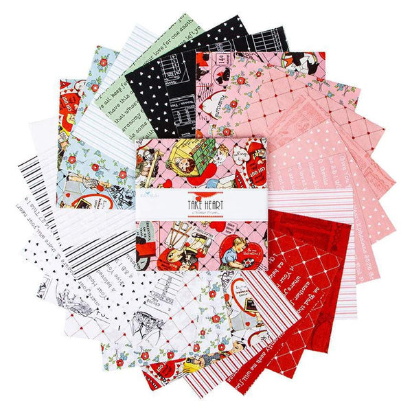 Image of the Take Heart 10 inch stacker by J. Wecker Frisch for Riley Blake Designs. Features valentines day fabrics with red, pink, and white backgrounds. 
Cute Little Fabric Shop