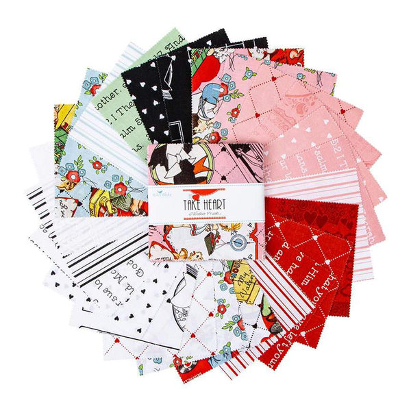 Image of the Take Heart 10 inch stacker by J. Wecker Frisch for Riley Blake Designs. Features valentines day fabrics with red, pink, and cream backgrounds. 
Cute Little Fabric Shop