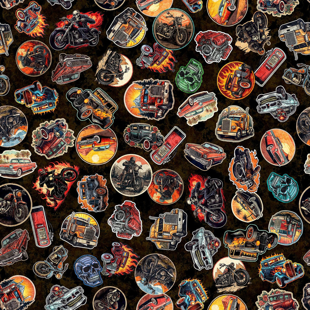 Image of the Heavy Metal Stickers Black J quilting cotton fabric by Morris Creative Group for QT Fabrics. Features stickers of cars, motorcycles, and trucks on a black background. 
Cute Little Fabric Shop