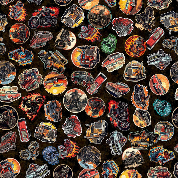 Image of the Heavy Metal Stickers Black J quilting cotton fabric by Morris Creative Group for QT Fabrics. Features stickers of cars, motorcycles, and trucks on a black background. 
Cute Little Fabric Shop
