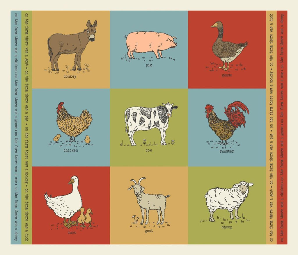 Image of the Farmstead Panel Multi quilting cotton fabric by Gingiber for Moda Fabrics. Features farm animals on various background. 
Cute Little Fabric Shop
