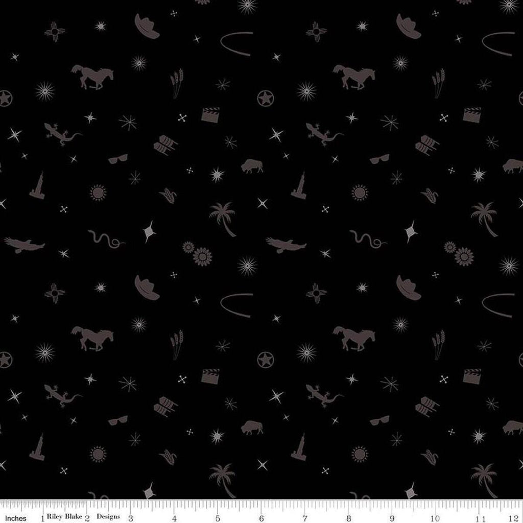 Black colored quilting cotton fabric with tone-on-tone icons of hats, horses, sparkles, sunglasses, gears, and more. 
Cute Little Fabric Shop