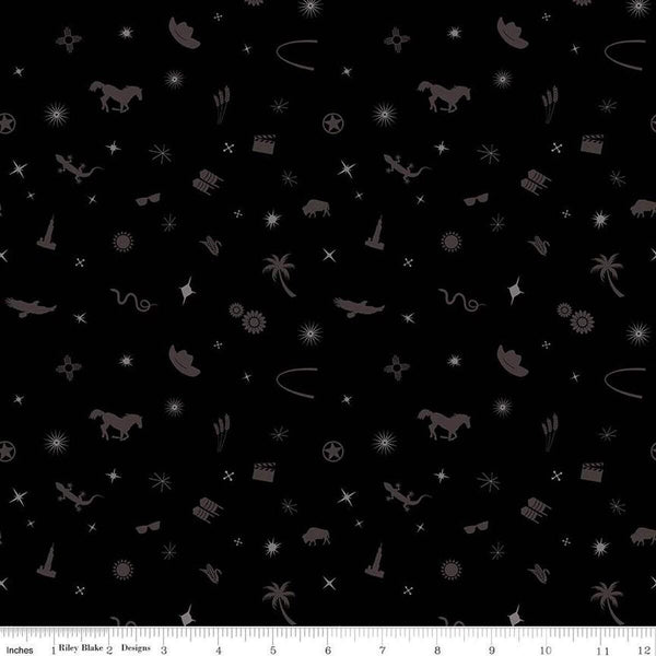 Black colored quilting cotton fabric with tone-on-tone icons of hats, horses, sparkles, sunglasses, gears, and more. 
Cute Little Fabric Shop