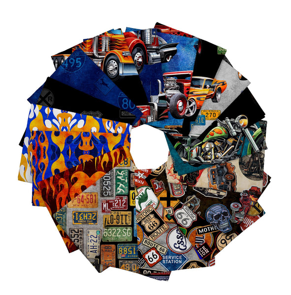 Image of the Heavy Metal Fat Quarter Bundle by Morris Creative Group for QT Fabrics. Features car themed fabrics on various backgrounds. 
Cute Little fabric Shop