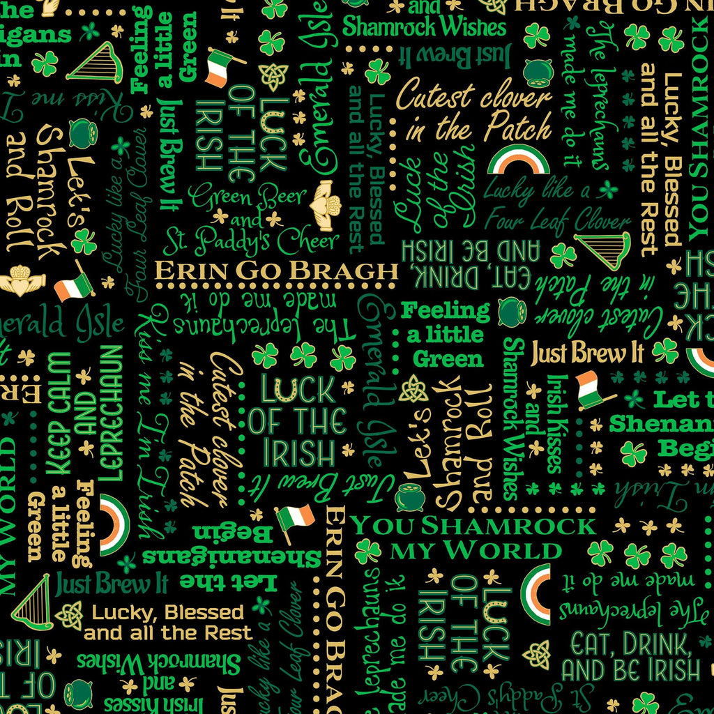 Image of the St. Paddy's Cheer Irish Lingo quilting cotton fabric by QT Fabrics. Features green text on a black background. 
Cute Little Fabric Shop.