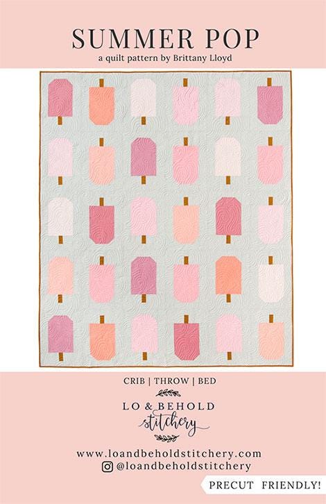 Image of the Summer Pop quilt pattern by Brittany Lloyd for Moda Fabrics. Features popsicles in pink colors on a gray background.
Cute Little Fabric Shop