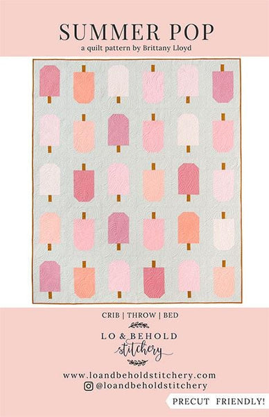 Image of the Summer Pop quilt pattern by Brittany Lloyd for Moda Fabrics. Features popsicles in pink colors on a gray background.
Cute Little Fabric Shop