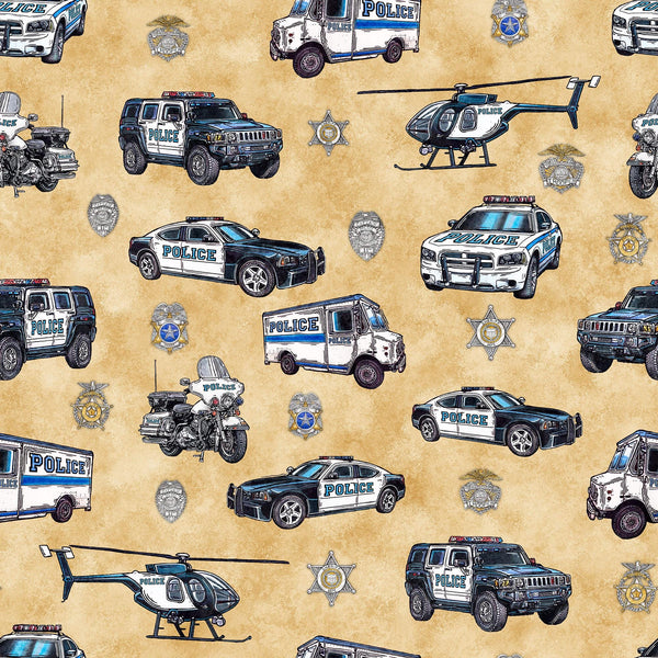 Image of the American Heroes Police Police Cars Wheat quilting cotton fabric by QT Fabrics. Features police cars on a yellow background.
Cute Little Fabric Shop