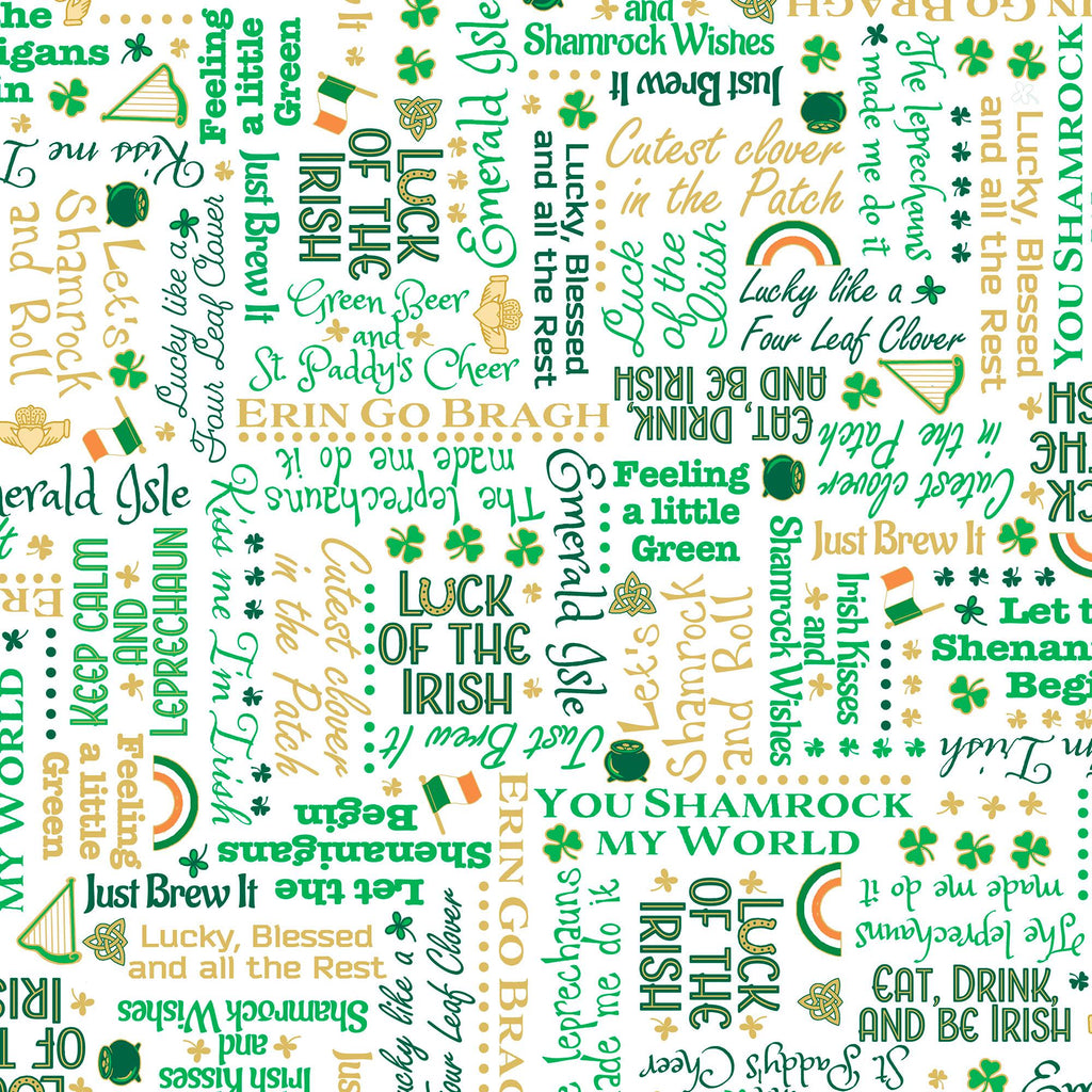 Image of the St. Paddys Cheer Irish Lingo White quilting cotton fabric by QT Fabrics. Features green text on a white background. 
Cute Little Fabric Shop.