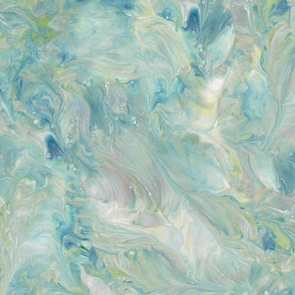 Image of the Mixology Mix Dusty Teal quilting cotton fabric by Ocllo Mason For QT Fabrics. Features acrylic swirls on an dusty aqua background. 
Cute Little Fabric Shop