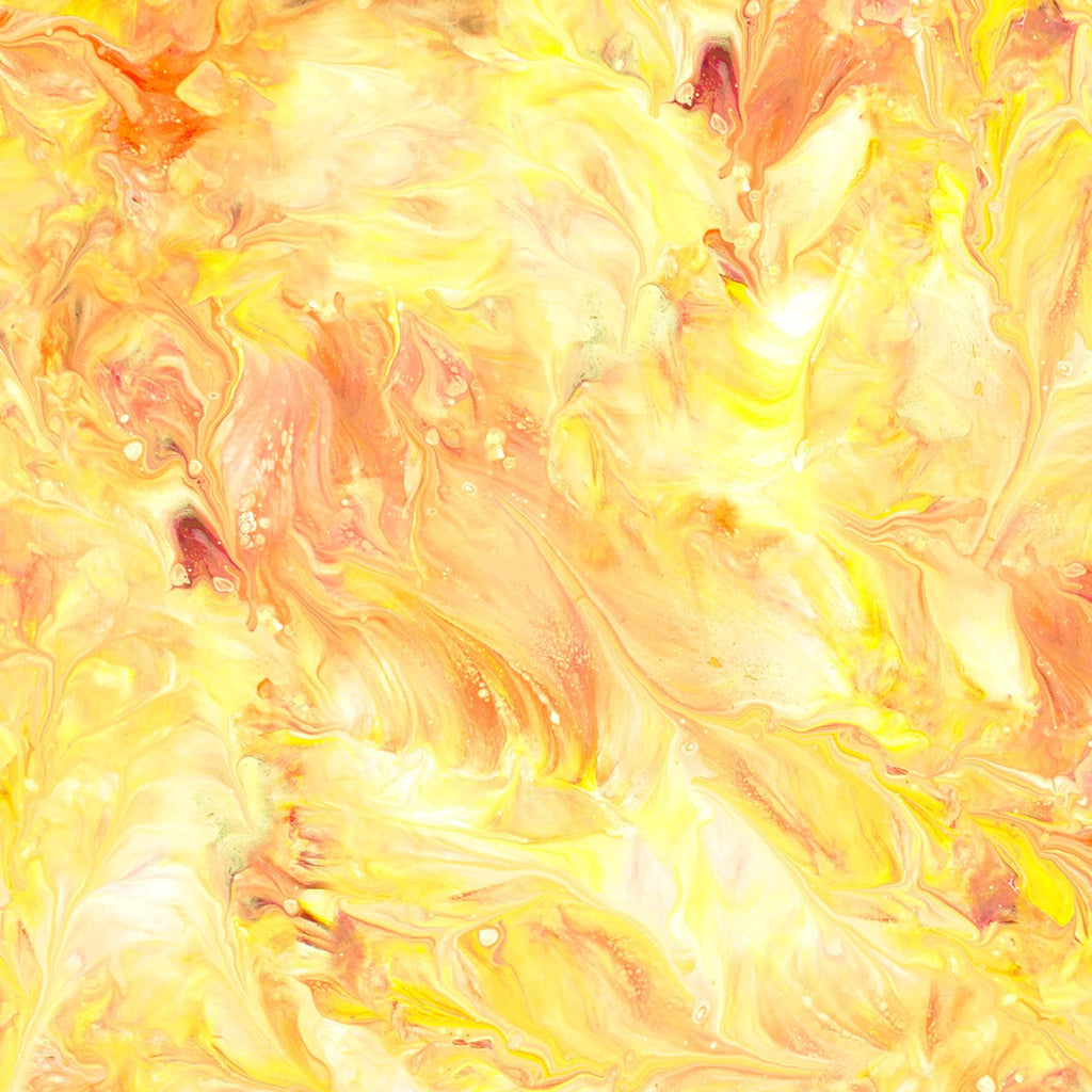 Image of the Mixology Mix Dusty Sun quilting cotton fabric by Ocllo Mason For QT Fabrics. Features acrylic swirls on a yellow background. 
Cute Little Fabric Shop